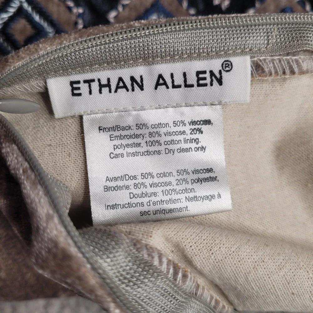 Ethan Allen Pillow Cover Gray Blue Velvet Embroidered Geometric Boho Rectangle